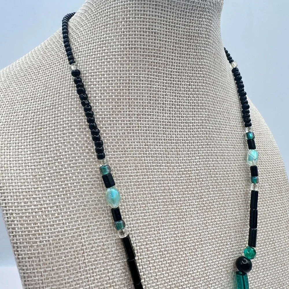 Vintage 80s Glass Bead‎ Necklace Deco Style Geometric Statement Fashion Jewelry